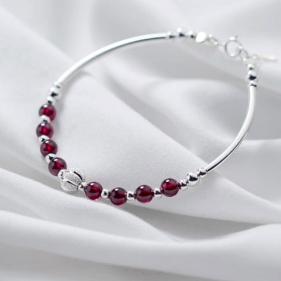 Solid sterling silver Simple Natural Red Garnet 925 Silver Bracelet E8-2332 - Picture 1 of 6